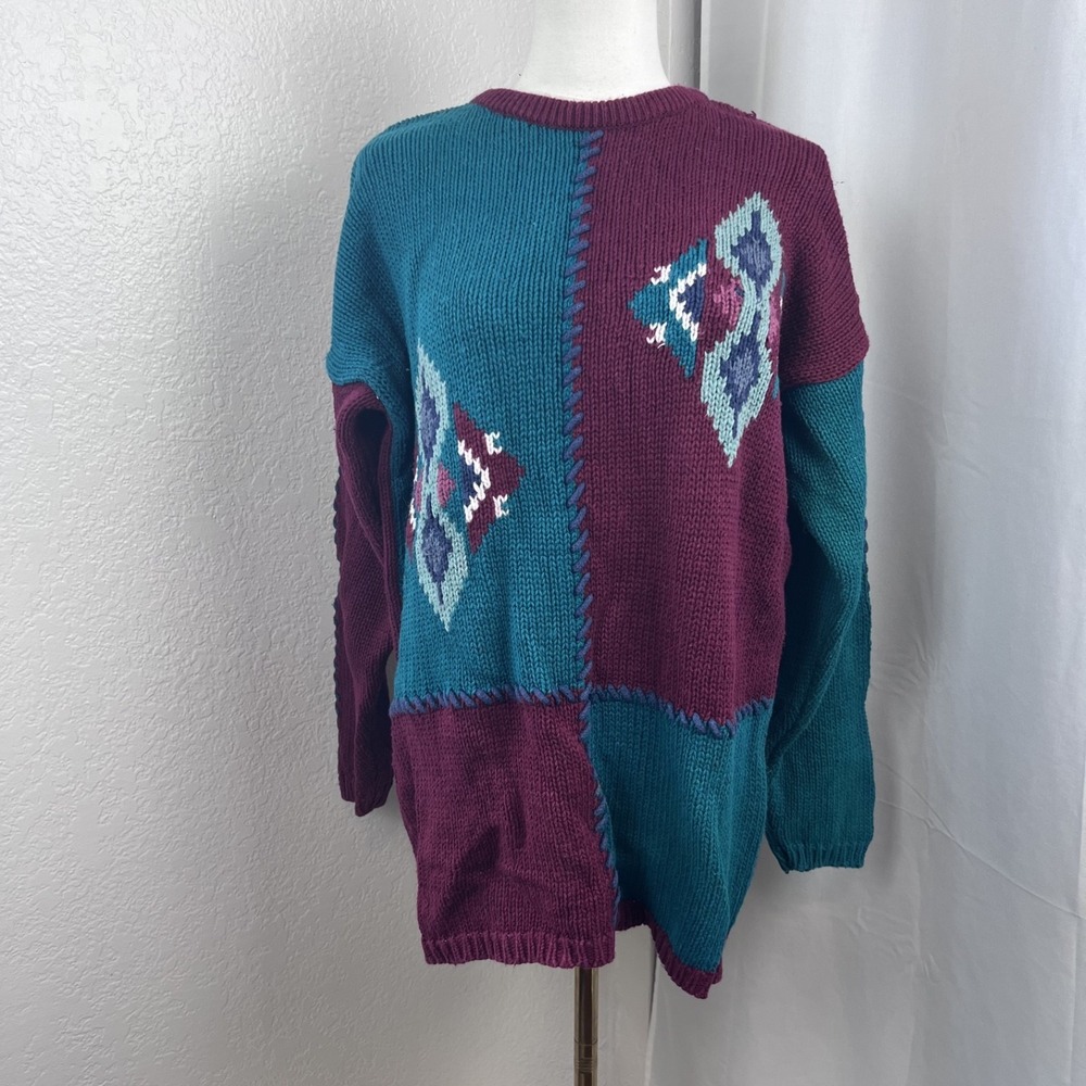VTG Colorblock Sweater Womens Medium Chunky Knit Grunge Artsy Cozy Indie Grandma